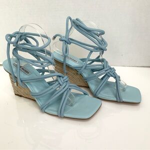 STEVE MADDEN Sz 11 Baby Blue Strappy Idolized Square Toe Wedge Espadrille Heels